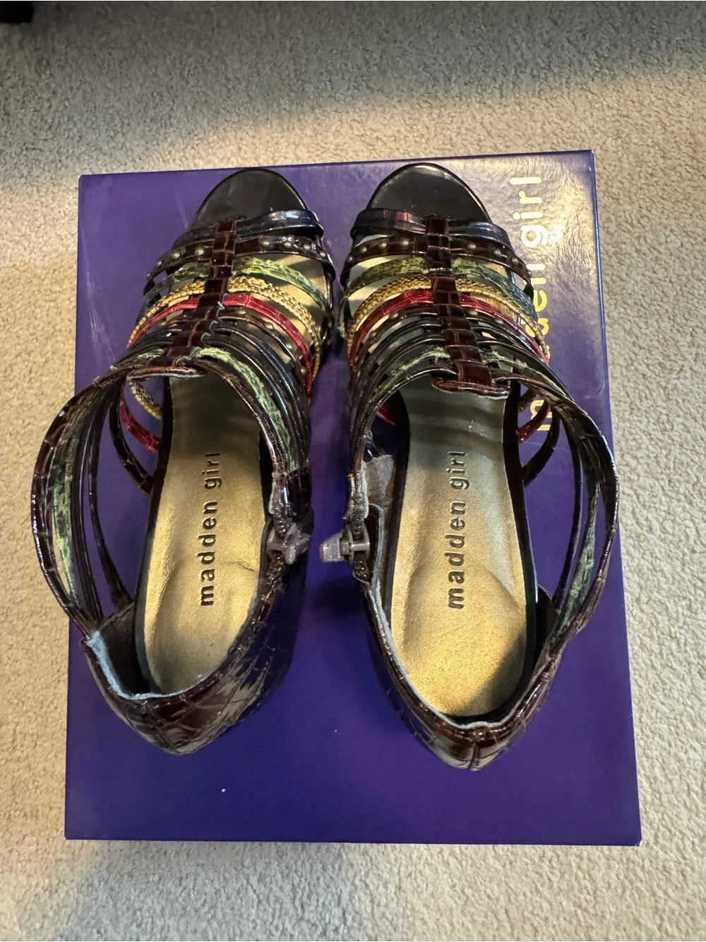 Madden Girl Kickoff Brown Multi Strappy Cage Platform Heels Women's Size 6